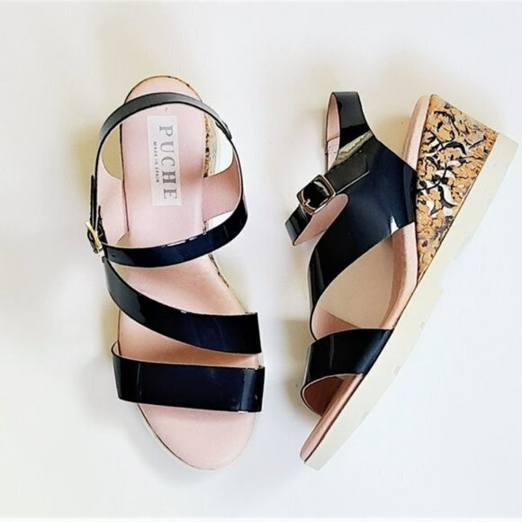 NWT PUCHE Made in Spain Soft Patent Leather Cork Wedge Sandals - Picture 7 of 7